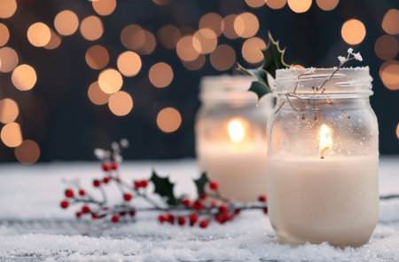 Two candles in glass jars sit on a snowy surface, surrounded by a sprig of holly with red berries. The candles are lit and the background is a blur of white snow and warm golden lights.の素材