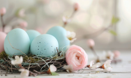 Three blue speckled eggs rest in a woven nest, surrounded by soft pink blossoms. The nest sits on a light blue wooden surface with a blurred background of more flowers.の素材