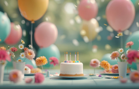 A birthday cake with lit candles sits on a table, surrounded by colorful balloons and a bouquet of daisies.の素材