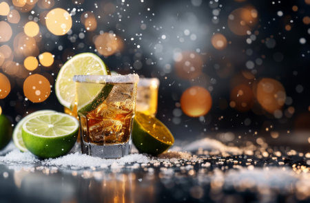 A shot glass filled with golden tequila, adorned with a lime wedge and a rim of salt, sits on a surface dusted with white sugar. Several whole limes and lime wedges surround the shot glass, and a few drops of water are visible in the air.の素材
