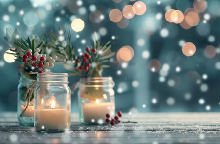 Three glass jars with candles inside sit on a wooden table covered in snow. The jars are decorated with sprigs of greenery and red berries. The background is a blurry blue with soft, white lights and falling snow.の素材
