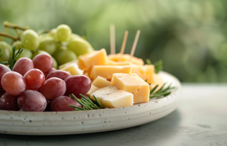 A close-up image of a ceramic plate with red and green grapes, cheese cubes, and a piece of orange fruit. There is parsley in the background.の素材
