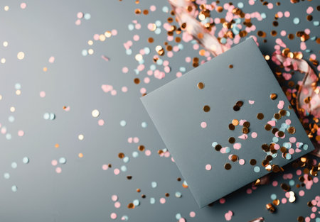 A gray card rests on a gray background, surrounded by scattered confetti in pink, blue, and gold.の素材