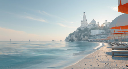 A pristine sandy beach with turquoise water and orange lounge chairs under white umbrellas. In the background, a resort with white buildings stands atop a rocky cliff.の素材
