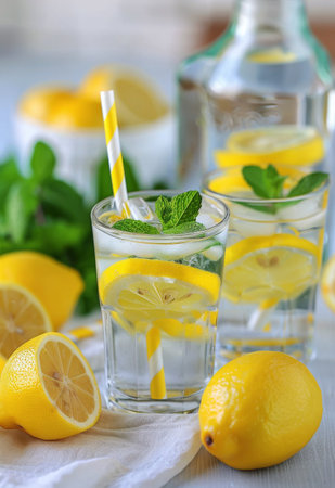 Three glasses of lemonade with ice and mint leaves, next to a pitcher of lemonade and lemons.の素材