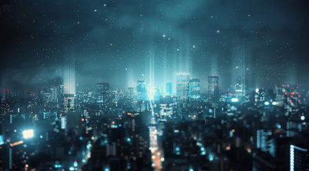 A digital rendering of a futuristic city at night. The city is illuminated with bright, white lights, and the sky is filled with a light snowfall.の素材