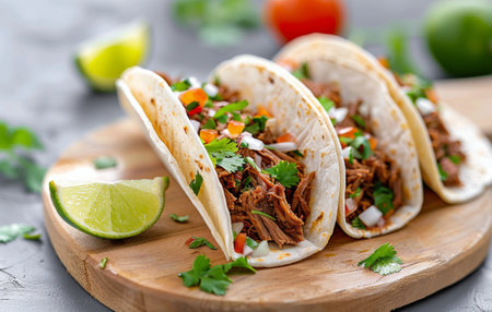 Three soft tacos filled with shredded beef, cilantro, onions, and red peppers are placed on a wooden cutting board. Slices of lime and cilantro leaves surround the tacos.の素材