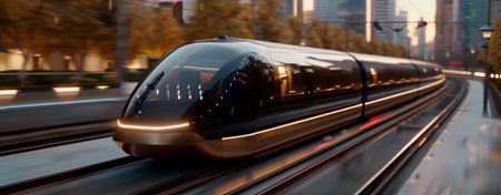 A modern train with a silver and black exterior speeds through a city at dusk, lit by warm orange lights. The motion blur of the cityscape heightens the sense of speed and progress, creating a dynamic and futuristic imageの素材