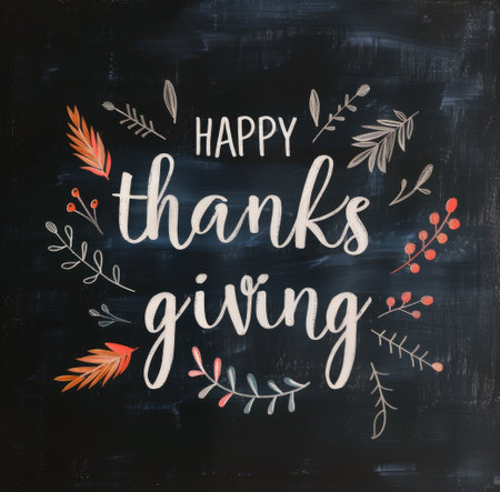 A chalkboard with the words Happy Thanksgiving written in white cursive lettering. The background is black with colorful fall leaves painted around the greeting.の素材