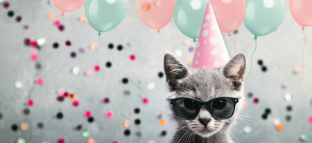 A cat wearing a party hat and sunglasses looks at the camera, confetti falls around it.の素材