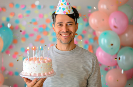 A man wearing a party hat smiles while holding a decorated birthday cake in front of a colorful background with balloons and confetti falling.の素材