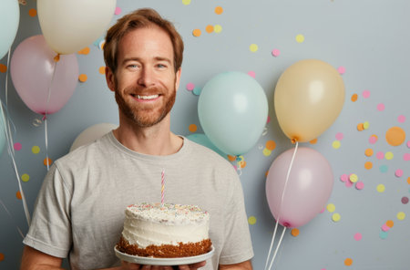 A man smiles brightly at the camera, holding a cake decorated with pink frosting in front of a backdrop of colorful balloons.の素材