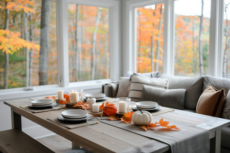 A white pumpkin sits next to two lit candles on a checkered tablecloth. The table is set for dinner with plates and cutlery. A fireplace with a fire is visible in the background.の素材