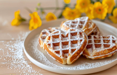 A plate of freshly made waffles dusted with powdered sugar.の素材