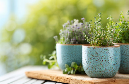 Three blue pots with white flowers sit on a wooden table outdoors, with a blurred green background. The pots are placed on a wooden cutting board.の素材