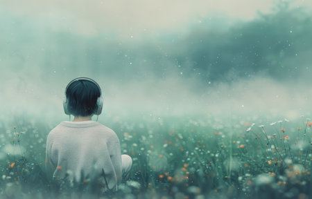 A woman wearing white headphones sits in a field of tall green grass, surrounded by fog. The background is a hazy, light blue with small white dots.の素材