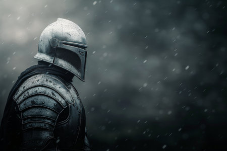 A knight in full plate armor stands facing forward with his helmet on and a dark cloak draped over his shoulders. The background is blurred and out of focus, suggesting a battlefield.の素材