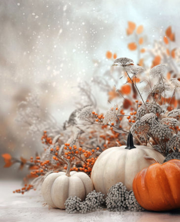 Three white pumpkins sit on a table with sprigs of berries and small white flowers scattered around them. The background is blurred and bokeh, suggesting an outdoor setting.の素材