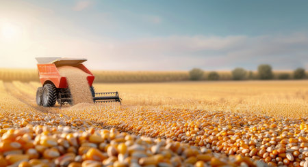 A red farm vehicle dumps harvested corn kernels into a field, creating a trail of golden grain. The machine is positioned in the center of the image, and the golden field extends out to the horizon.の素材