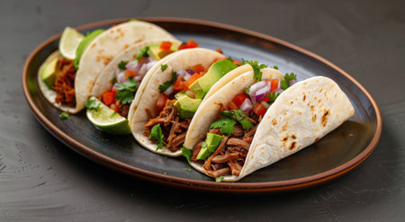 Three tacos filled with pulled pork, avocado slices, onion, and cilantro are arranged on a black plate. Lime wedges, cilantro sprigs, and peppercorns are scattered around the plate.の素材