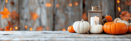 Pumpkins of varying sizes and colors rest on a rustic wooden table, illuminated by a lantern and candle. A festive atmosphere is created with decorative pine cones and branches with red berries, set against a background of blurry, warm-toned lights.の素材