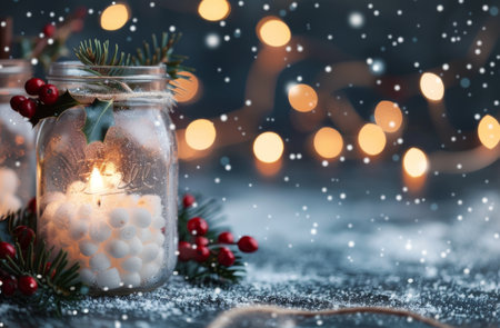 Two candles in glass jars sit on a snowy surface, surrounded by a sprig of holly with red berries. The candles are lit and the background is a blur of white snow and warm golden lights.の素材