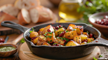 A close-up shot of a cast iron skillet filled with roasted potatoes, herbs, and spices. The potatoes are golden brown and crispy, and the herbs add a bright green color to the dish.の素材