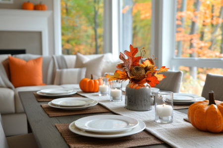 A close-up of a dining table set with fall-themed decorations, including a white napkin with a brown and orange leaf on top, a white pumpkin, and a vase of orange flowers, all against a backdrop of a window with a blurry view of autumn foliage.の素材