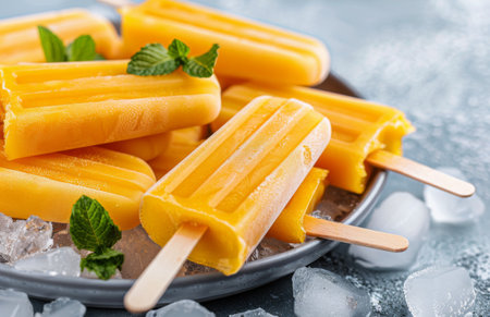 Frozen orange popsicles on a plate with ice cubes and mint leaves.の素材