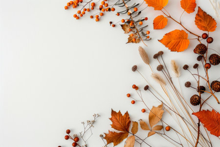 Red berries and autumn leaves are arranged on a white background. The branches are bare except for the red berries and orange leaves. The composition is simple and elegant, making it a perfect background for a variety of projects.の素材