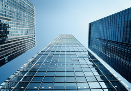 Four skyscrapers, seen from a low angle, are illuminated against a fading blue sky. The tall buildings feature many windows, with light reflecting from inside.の素材