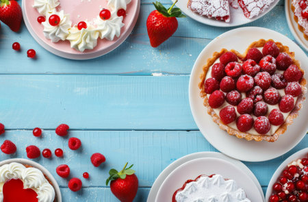 Assortment of dessert tarts with raspberries and strawberries, arranged on white plates on a blue wooden table. The tarts feature different styles of crust, fillings, and toppings. Some tarts have heart shapes and are decorated with powdered sugar.の素材