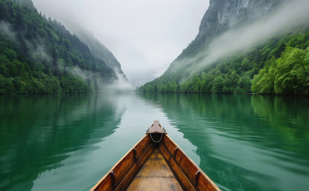 A wooden boat glides through a tranquil mountain valley, with mist clinging to the forested slopes.の素材