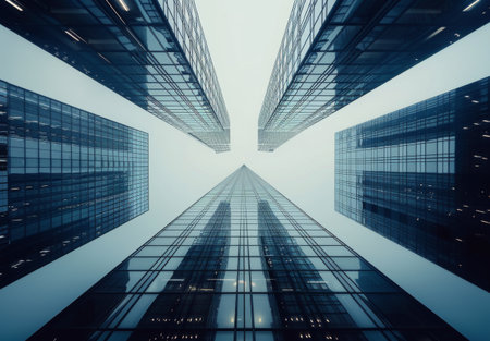A low angle view of several towering skyscrapers against a blue sky. The buildings appear to stretch upward, emphasizing their height and modern design.の素材