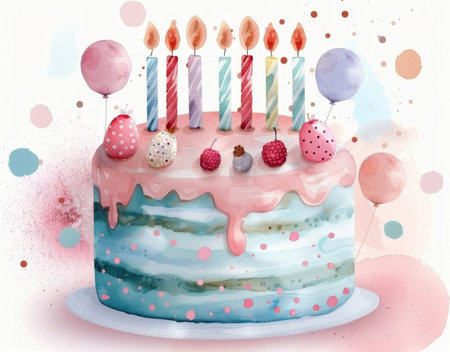 A colorful birthday cake with six candles sits on a white plate surrounded by sprinkles. The cake is decorated with colorful sprinkles and frosting. The background is a watercolor-style design.の素材