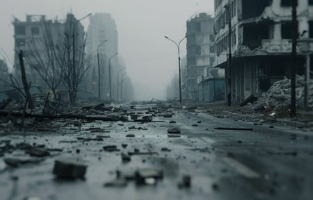 A street in a city is covered in rubble and debris. The buildings on either side are damaged and destroyed, with windows broken and crumbling walls. The sky is overcast and the air is thick with dust.の素材