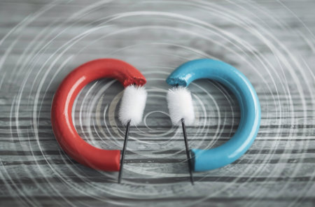 A close-up of a red ring and a blue ring resting on a turntable. The blue ring has a small black ball attached to a thin metal rod that extends from the center of the ring.の素材