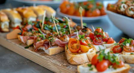 Close-up of a wooden cutting board with several small bread bites topped with cooked sausage, tomatoes, and herbs. The bites are arranged on the board with a sprig of thyme and cherry tomatoes scattered around them.の素材