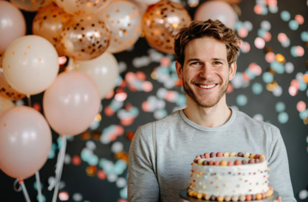 A man smiles brightly at the camera, holding a cake decorated with pink frosting in front of a backdrop of colorful balloons.の素材