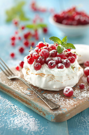 A meringue dessert topped with red currants and dusted with powdered sugar sits on a wooden cutting board.の素材