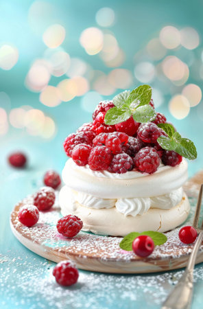 Four meringue desserts topped with raspberries and red currants sit on a wooden tray. The tray sits on a light blue surface, and there is powdered sugar sprinkled around.の素材