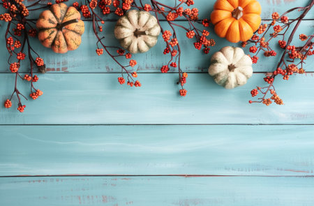Fall pumpkins and berry branches lay on a blue wooden background.の素材
