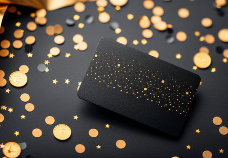 A gray card rests on a gray background, surrounded by scattered confetti in pink, blue, and gold.の素材