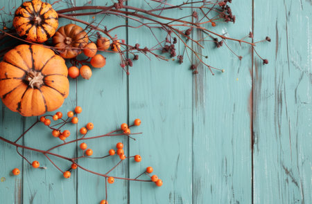 Fall pumpkins and berry branches lay on a blue wooden background.の素材