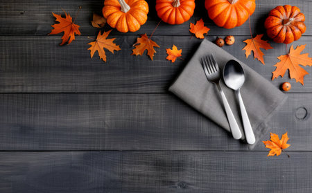 A wooden table with a fall-inspired table setting, featuring a set of silverware, pumpkins, autumn leaves, pinecones, and other fall-themed decorations.の素材