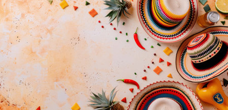 A vibrant design featuring traditional Mexican folk art elements, including colorful hats, flowers, and peppers, arranged in a border around a blank space.の素材