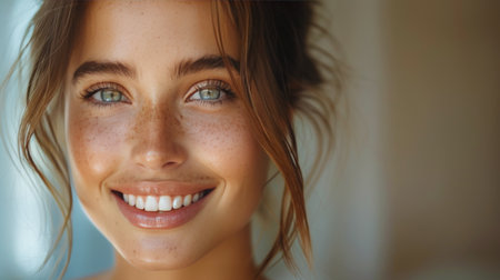 A close-up view of a woman with blue eyes, smiling brightly.の素材