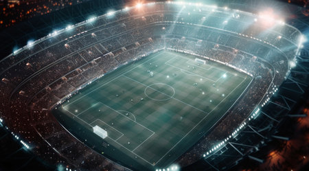 A packed stadium under bright lights, with a green field and goalposts in the center. The crowd is cheering and waving their hands.の素材