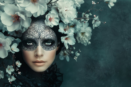 A woman with a sugar skull makeup design stars intensely at the camera. She wears a black lace headpiece with feathers.の素材