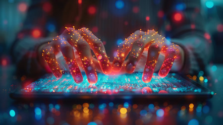 A person sitting at a desk, typing on a laptop illuminated by vibrant and colorful lights.の素材